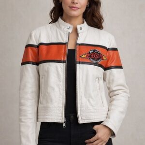 Big Dog Motorcycles Leather Jacket Women’s Cropped Moto Cream Orange BD Patch